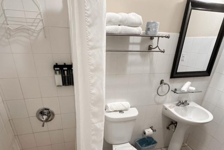 Bathroom with stand up shower, white tile, white toilet, white pedestal sink, and mirror